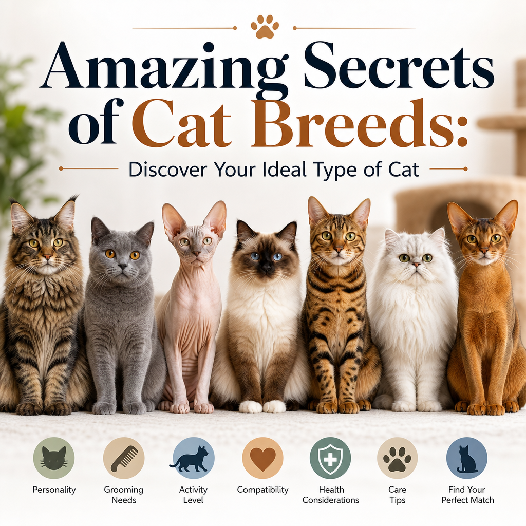 Illustration showing various cat breeds with traits like personality, grooming, activity, and care to help find your ideal ca