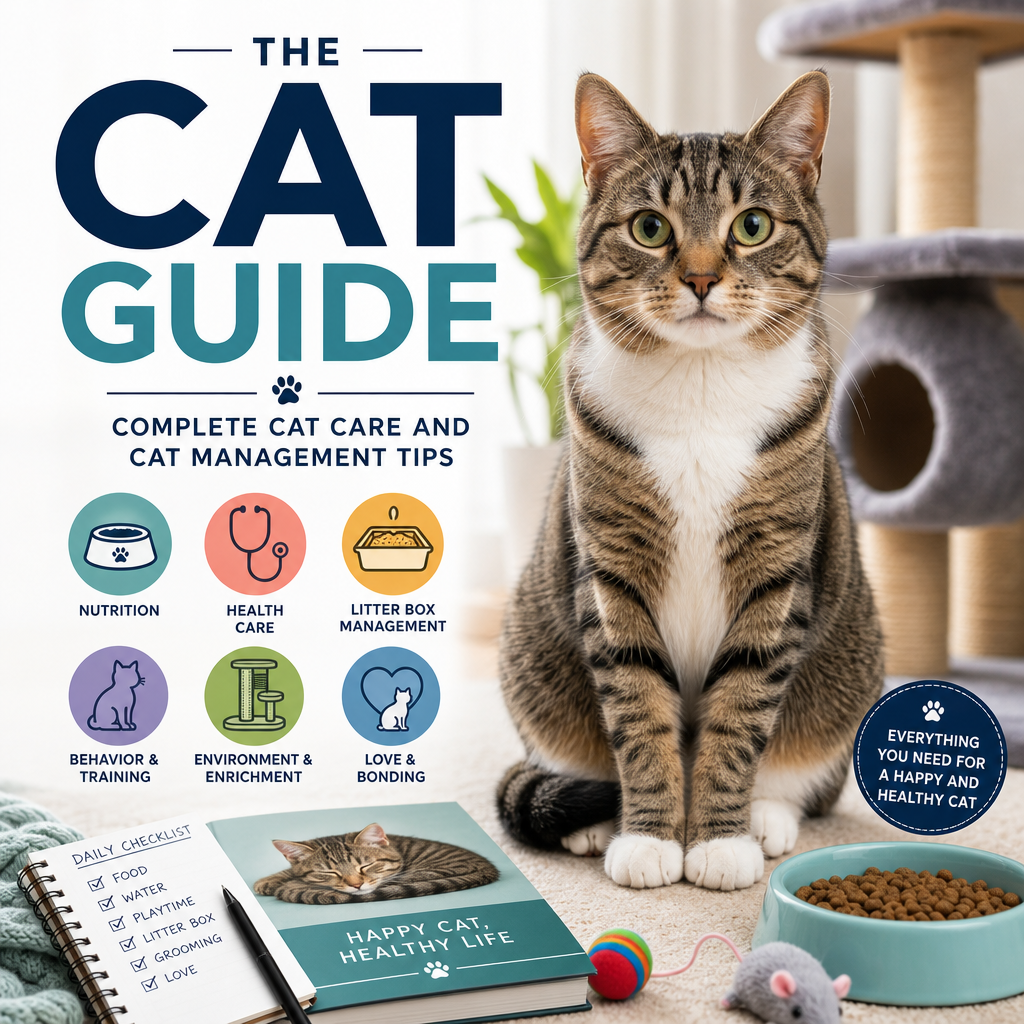 Infographic showing complete cat care tips including nutrition, health, litter box, behavior training, and bonding.