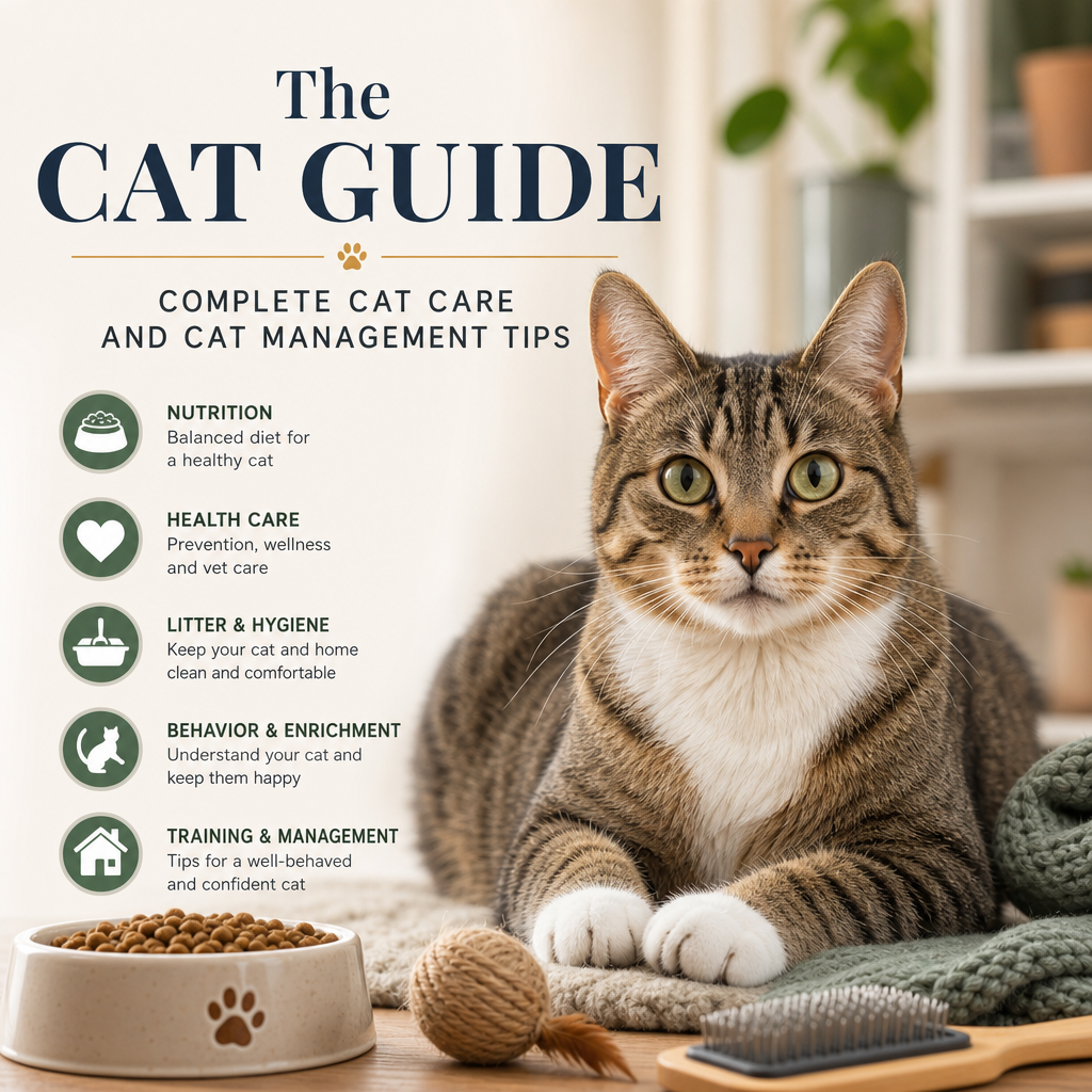 A happy cat sitting on a cozy bed with a bowl of food and a clean litter box nearby, illustrating complete cat care.