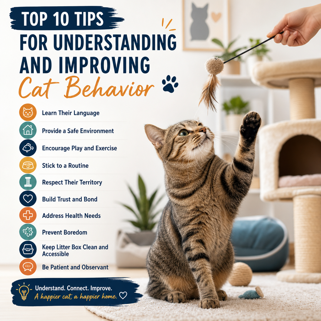 Infographic titled "Top 10 Tips for Understanding and Improving Cat Behavior" with a playful tabby cat illustration.