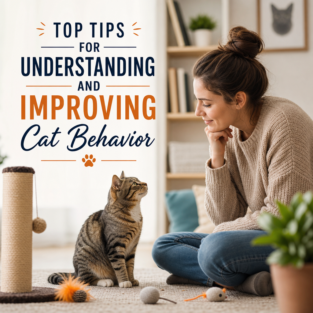 Woman smiling and petting a relaxed cat with text tips on understanding and improving cat behavior.