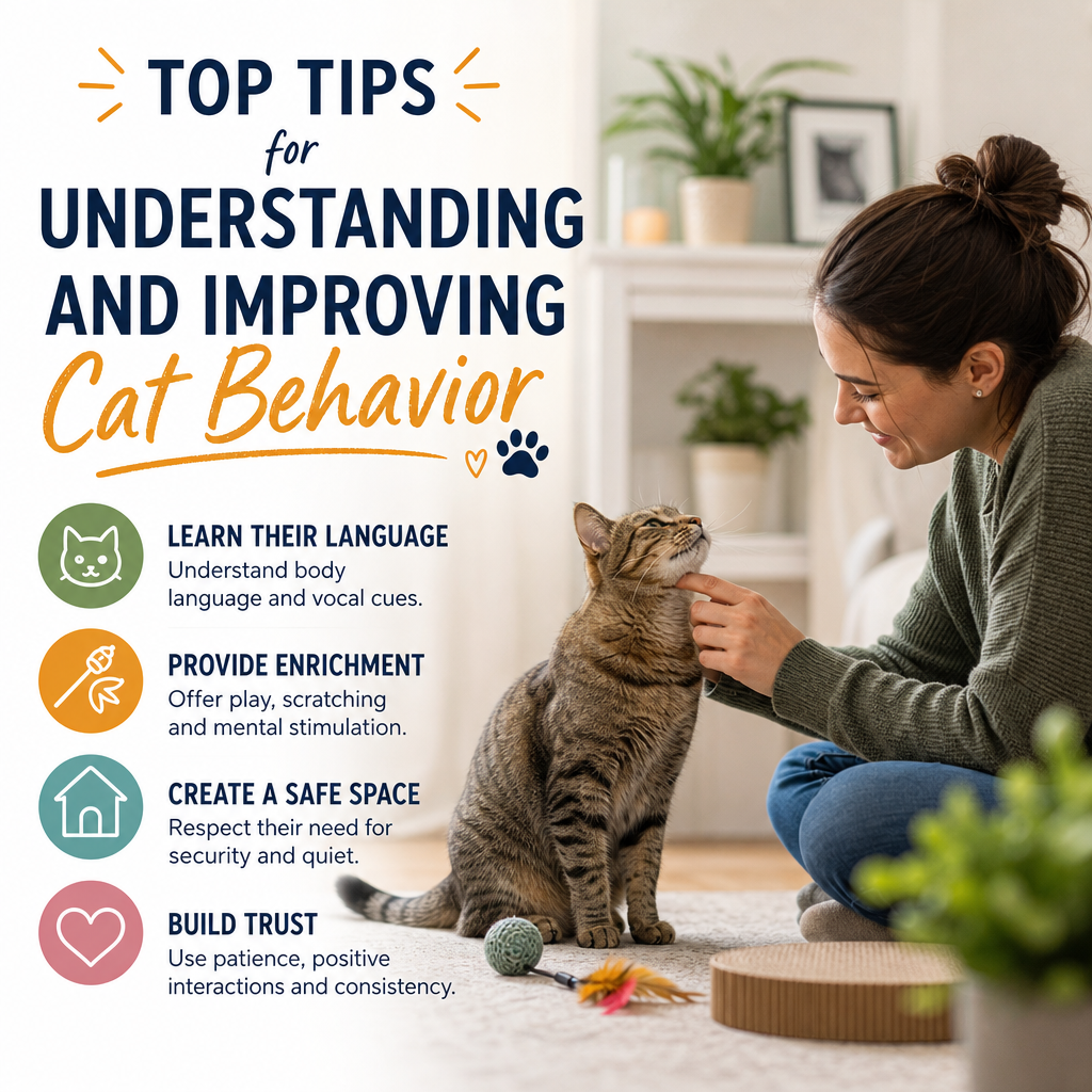 Woman smiling and gently petting a content cat, illustrating top tips for understanding and improving cat behavior.